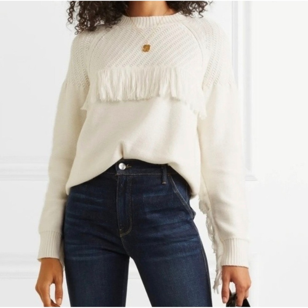 FRAME Fringed Cotton-Blend Crewneck Sweater in off-white Women's Medium